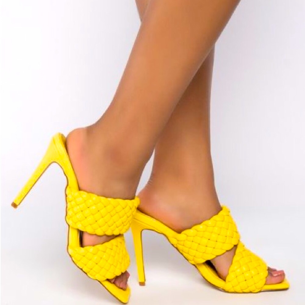 Azalea Wang Yellow Vegan Leather Woven High Heel Mules Sandals